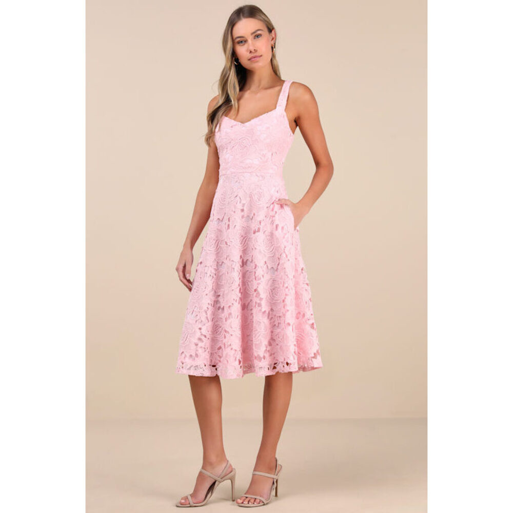 Lulus Divine Beauty Blush Pink Lace Midi Dress With Pockets - Size M